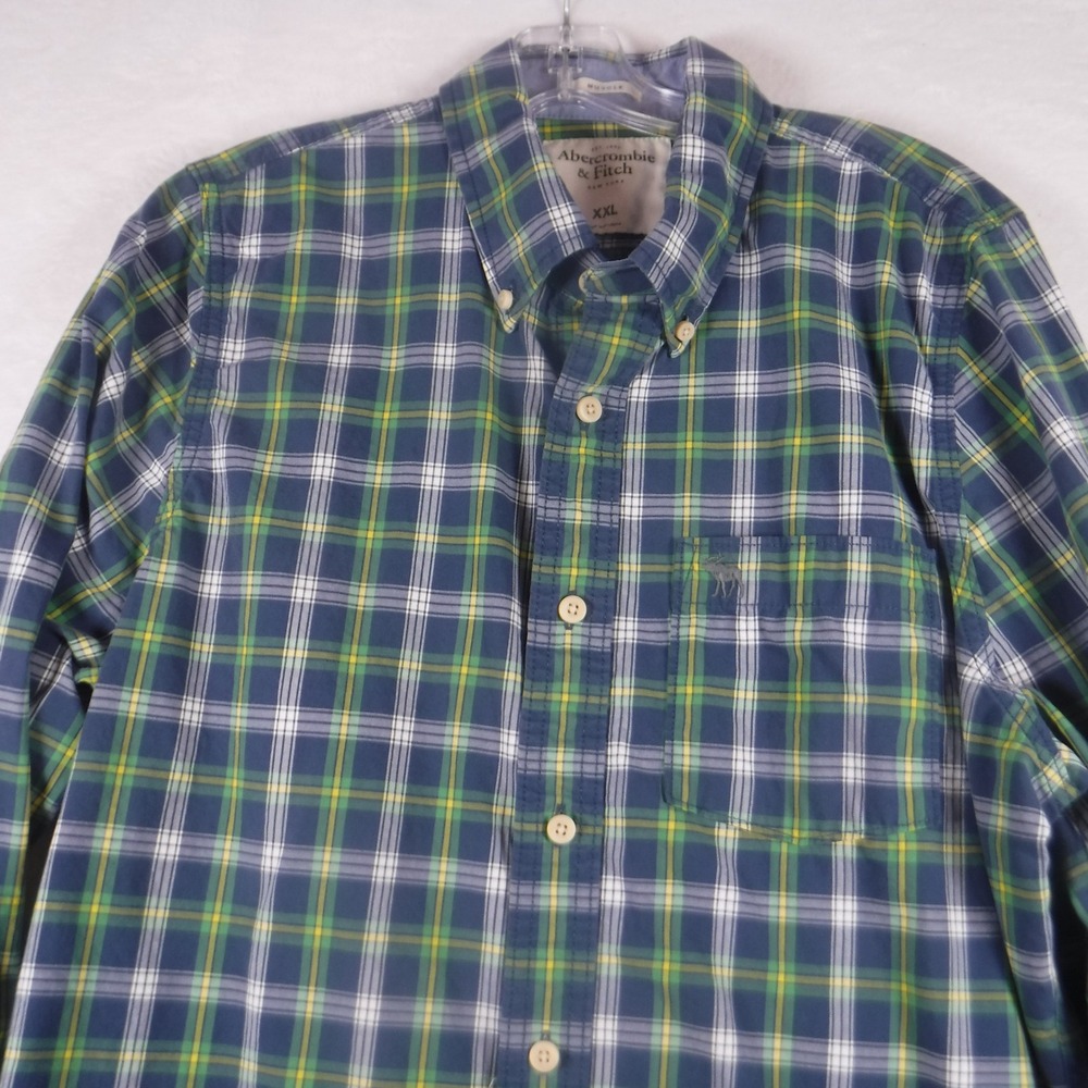 Abercrombie & Fitch Button Down Shirt Men XXL Green Blue Plaid Muscle Fit Pocket